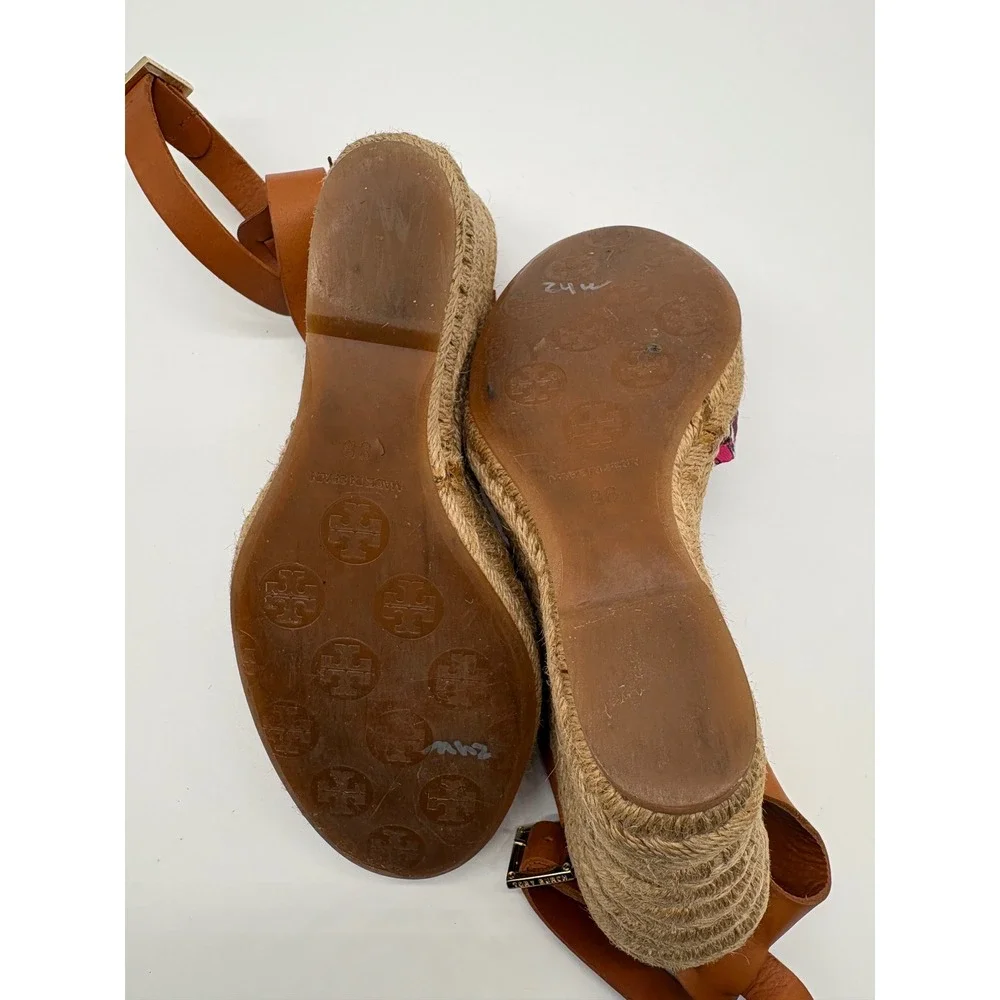 Tory Burch Espadrille Wedge Sandals Womens 8B Pink Tan Good Leather Canvas Spain